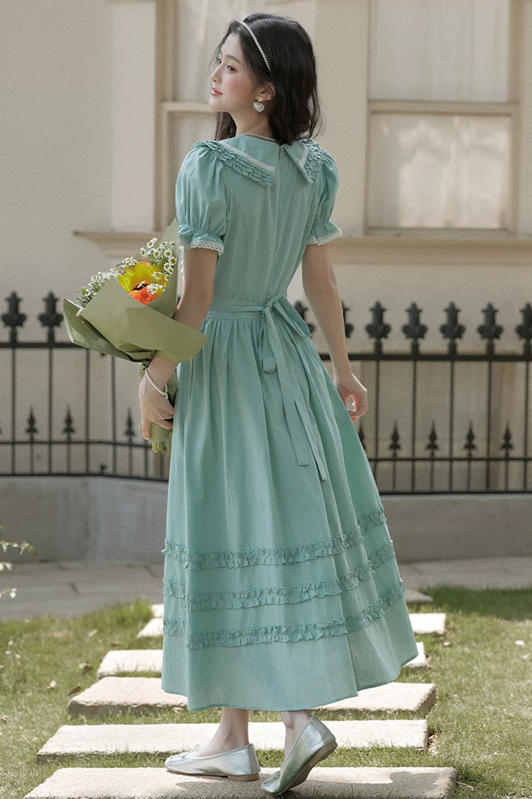 Lake Blue V Collar Short Puff Sleeves Ruffled Lace Sweet College Style Lolita Dress - Product - 3
