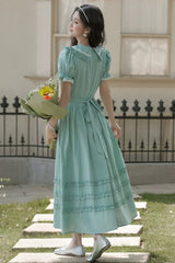 Lake Blue V Collar Short Puff Sleeves Ruffled Lace Sweet College Style Lolita Dress - Product - 3