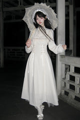 Apricot Stand Collar Long Sleeves Ruffled Lace-Up Mid-length Gothic Lolita Dress - Apricot - 1