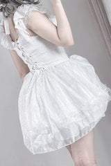White [Rose Dream] Halterneck Short Sleeves Print Ruffle Bowknot Lace Gothic Jirai Kei Dress - Product - 7