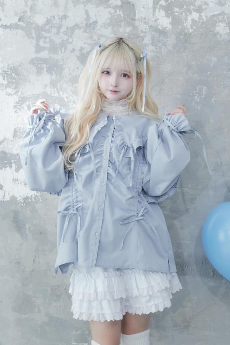 Doll Collar Long Sleeves Ruffle Bowknot Sweet Jirai Kei Japanese Blouse 3 Colors - Product - 14