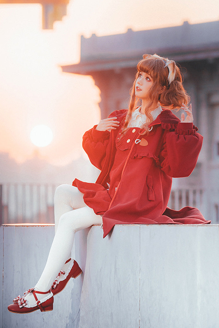 Red Cat Tail Long Sleeves Ruffle Bowknot Hooded Sweet Lolita Coat - Product - 8