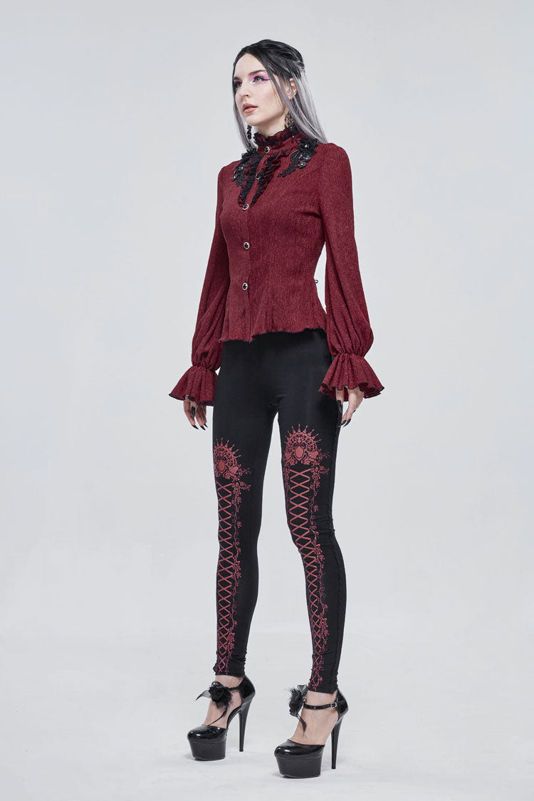 Red Lace High Neck Three Dimensional Embroidered Lantern Trumpet Sleeves Women's Gothic Shirt - Product - 5