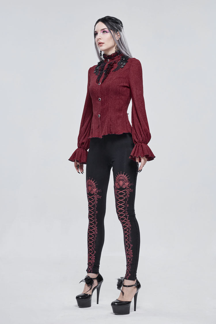 Red Lace High Neck Three Dimensional Embroidered Lantern Trumpet Sleeves Women's Gothic Shirt - Product - 5