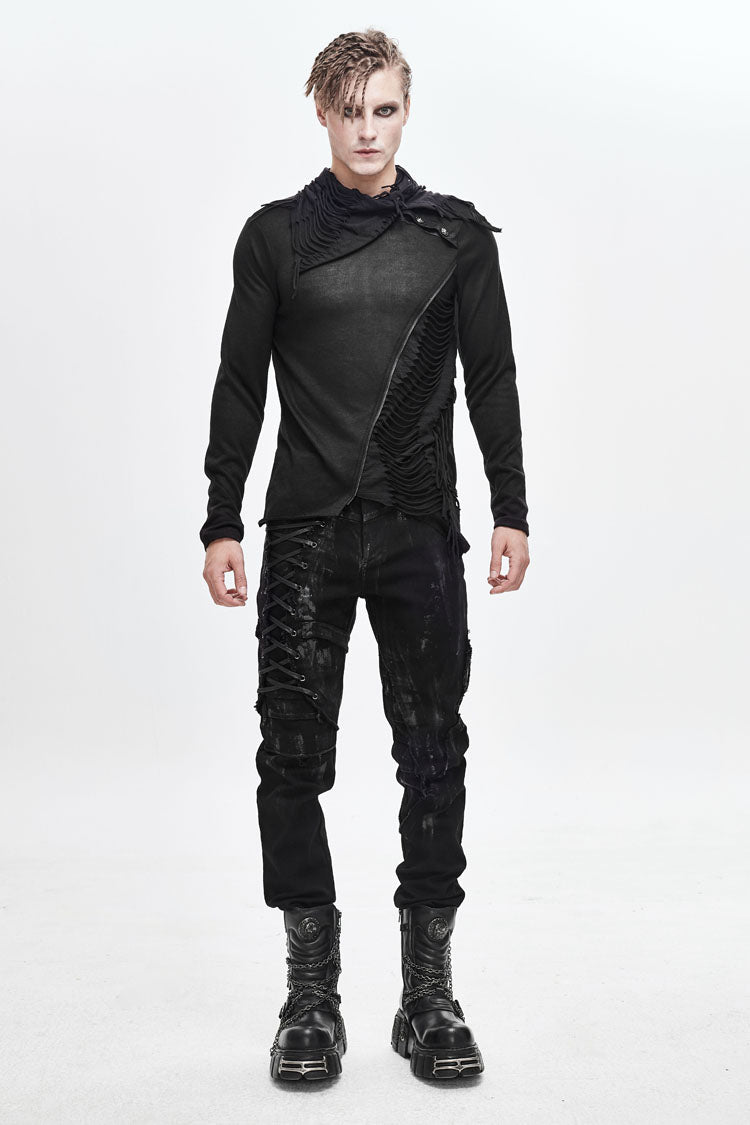 Black Ragged Turn-Down Collar Woolen Long Sleeve Irregular Hem Men's Punk T-Shirt - Product - 3