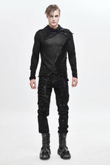Black Ragged Turn-Down Collar Woolen Long Sleeve Irregular Hem Men's Punk T-Shirt - Product - 3