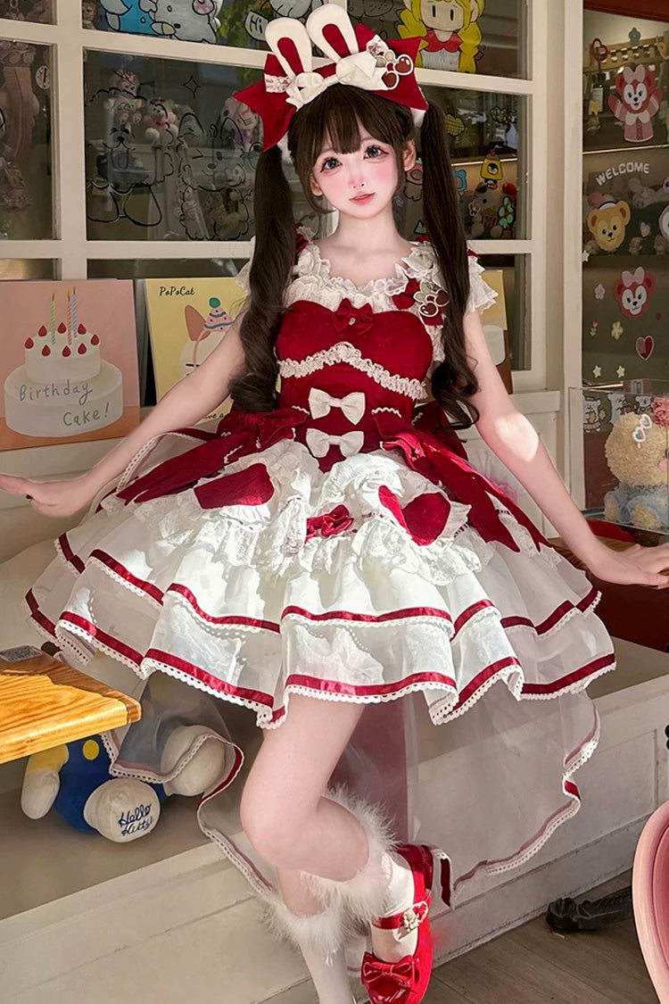Red [Velvet Rabbit] Sleeveless Multi-Layered Ruffled Bow Sweet Lolita Jsk Dress Set - Product - 6