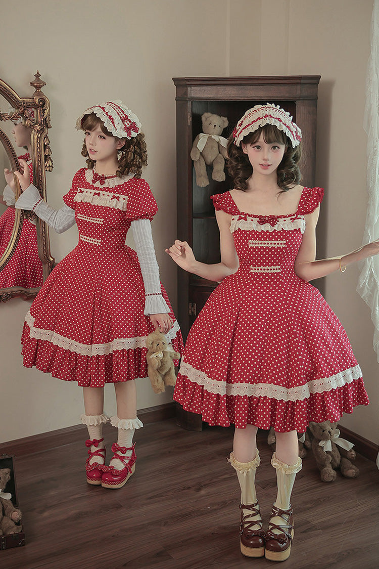 Red [Showa Memoir] Polka Dots Printed Ruffled Bow Sweet Lolita Dress - Product - 9