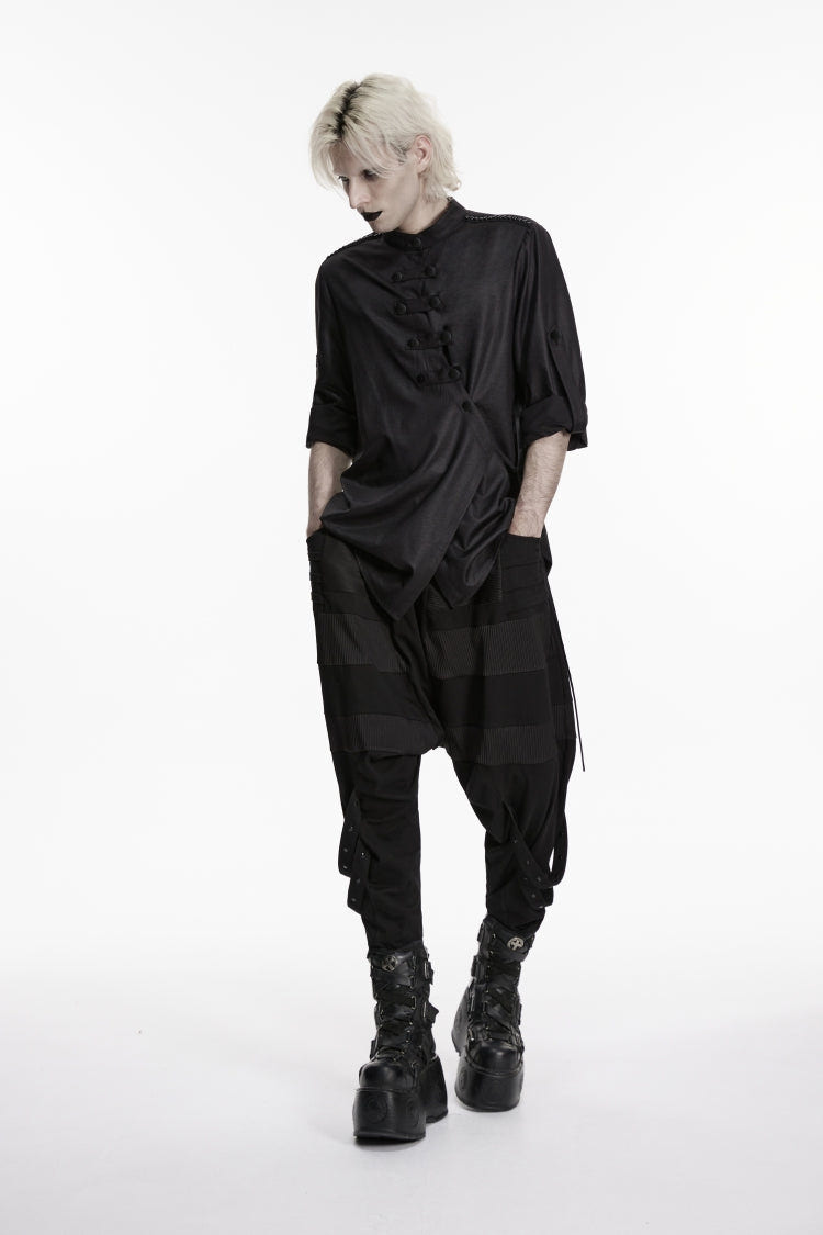 Black Stand Collar Long Sleeves Asymmetric Men's Punk Shirt - Product - 8