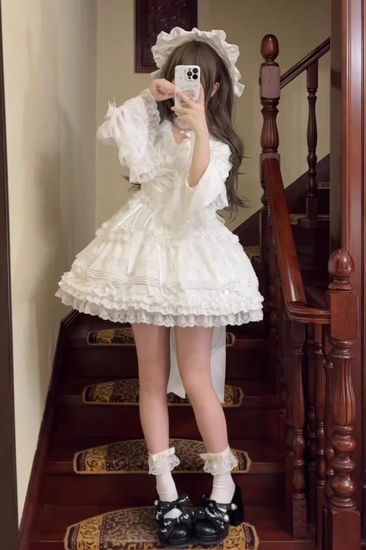 White [Layered Buttercream Frosting] Short Sleeves Ruffle Bowknot Lace Sweet Lolita Dress - Product - 12