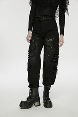 Black Ripped Zippered Eyelet Women's Punk Unedged Decadent Denim Pants - Product - 9