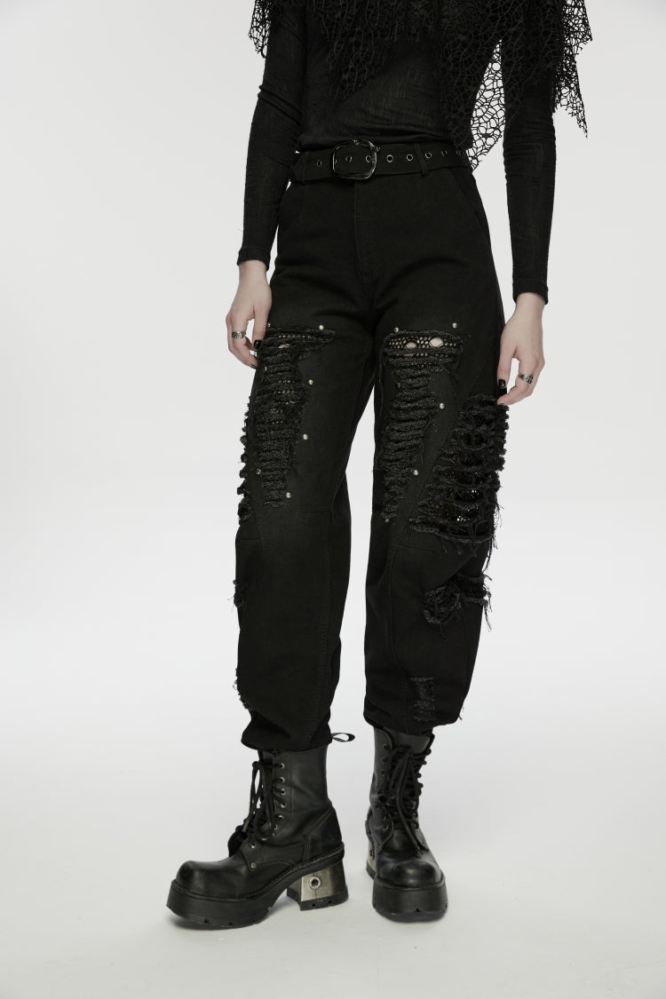 Black Ripped Zippered Eyelet Women's Punk Unedged Decadent Denim Pants - Product - 9