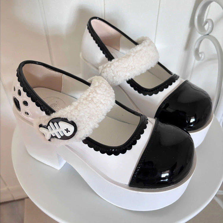 Fishbone-Style Single-Strap Buckle Sweet Lolita Platform Shoes - Black/White - 1