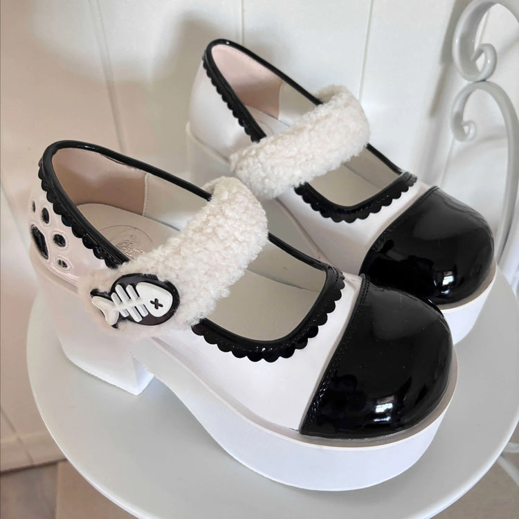 Fishbone-Style Single-Strap Buckle Sweet Lolita Platform Shoes - Black/White - 1