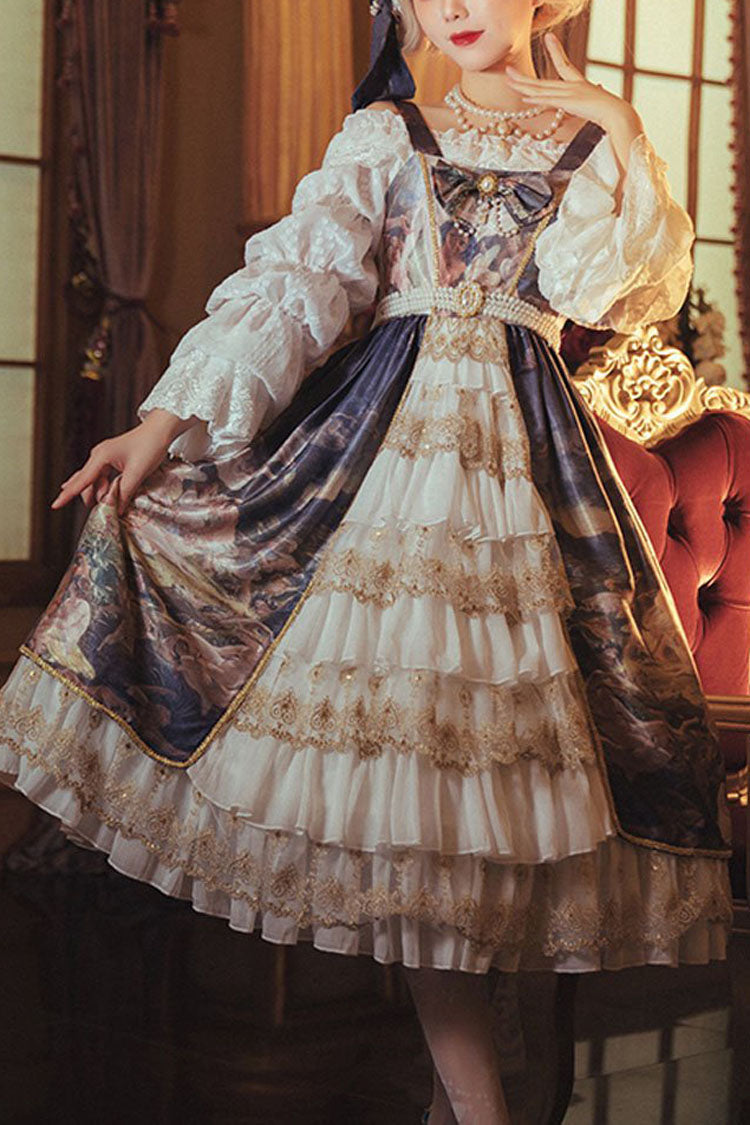 Navy Blue Strapless Night'S Dream Print Cardigan Classic Lolita JSK Dress - blue - 1