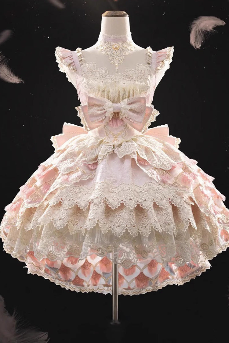 Pink [Peacock Feather] Multi-Layered Ruffle Hanayome Cardigan Bowknot Lace Sweet Lolita Jsk Dress Set - Product - 3