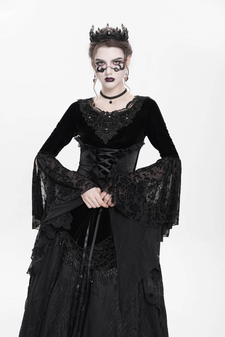 Black Long Sleeves Lace-Up Beaded Pleated Women's Gothic Blouse - Black - 1