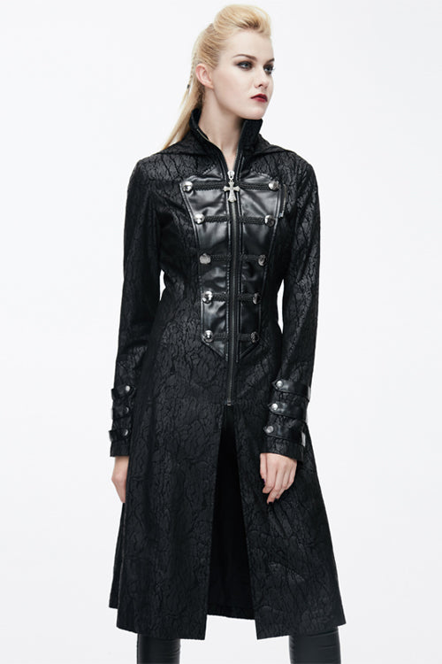 Black Punk Hooded One Side Shawl Gothic Pattern Womens Leather Long Coat - Product - 2