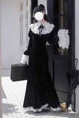 Black [Raven-Feather Poetic Letter] Velvet Long Hime Sleeves Ruffle Bowknot Gothic Elegant Lolita Fishtail Dress - Black - 1