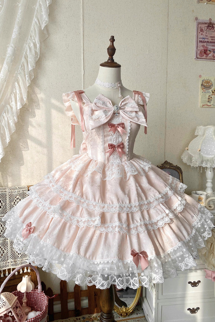 Pink [Sweet Mist Cherry Romance] Sleeveless Multi-Layered Hanayome Bow Lace Lolita Jsk Dress - Pink - 1