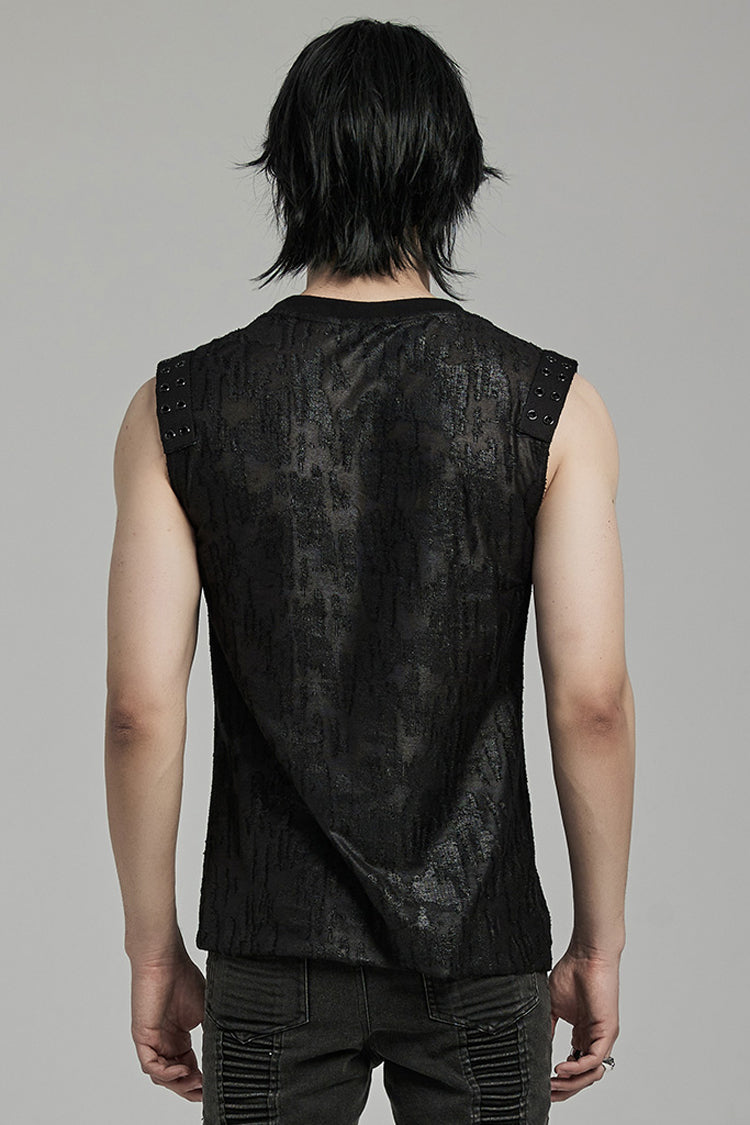 Black Round Collar Sleeveless Print Ripped Distressed Eyelet Men's Gothic Tank Top - Product - 3