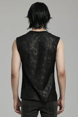 Black Round Collar Sleeveless Print Ripped Distressed Eyelet Men's Gothic Tank Top - Product - 3