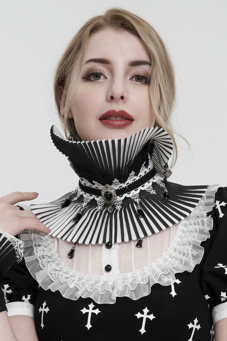 Black Detachable Color-Blocked Women's Gothic Double Color Beaded Neckwear - Black - 1