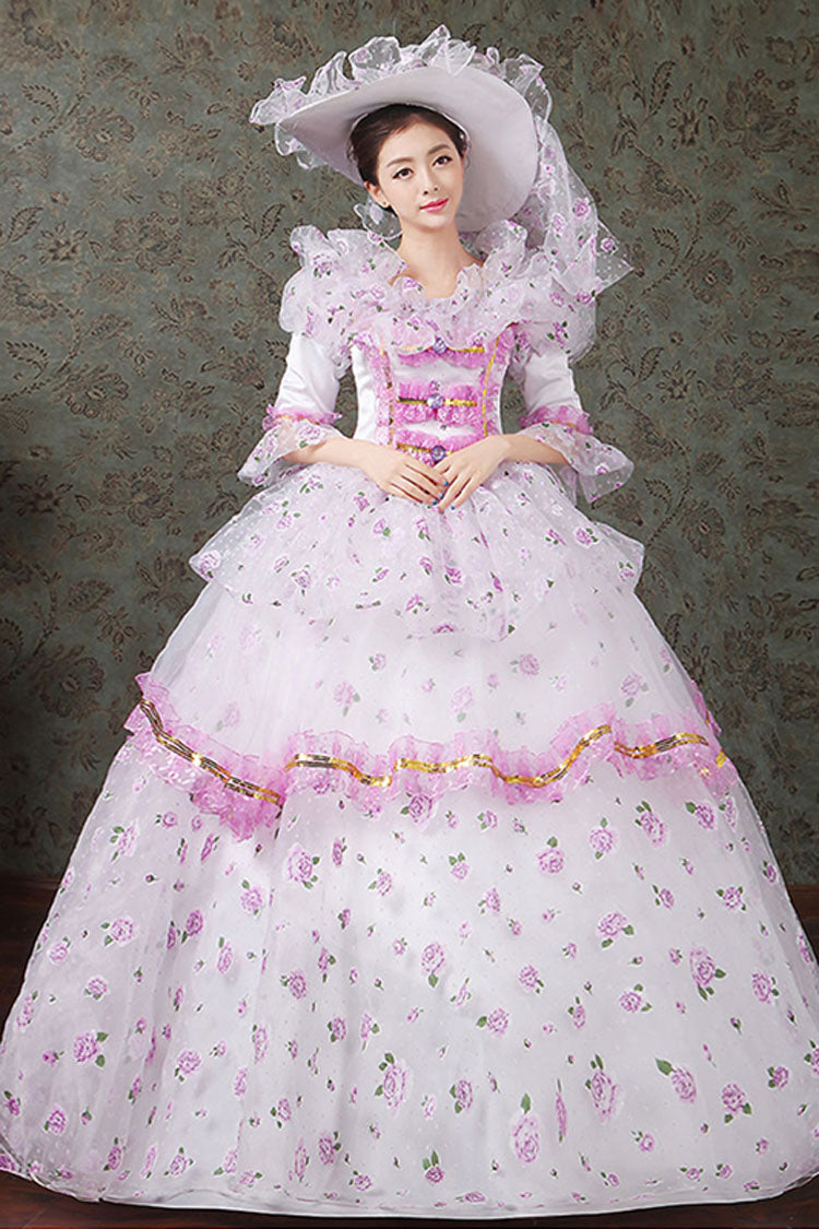 Half Sleeves Diamond Button High Waisted Hollow Embroidery Floral Print Multi-Layer Victorian Lolita Prom Dress - Purple - 6