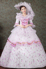 Half Sleeves Diamond Button High Waisted Hollow Embroidery Floral Print Multi-Layer Victorian Lolita Prom Dress - Purple - 6