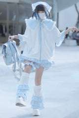 White/Blue [Heart Signal] Short Sleeves Plaid Print Jirai Kei Coat - White/Blue - 1