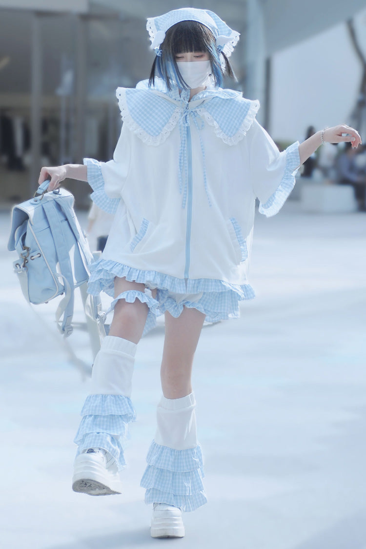White/Blue [Heart Signal] Short Sleeves Plaid Print Jirai Kei Coat - White/Blue - 1