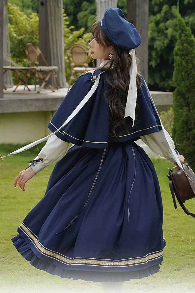 Blue [Choir] Sleeveless Ruffled Lace-Up Classic Military Preppy Style Lolita Bustier Dress Set - Product - 4
