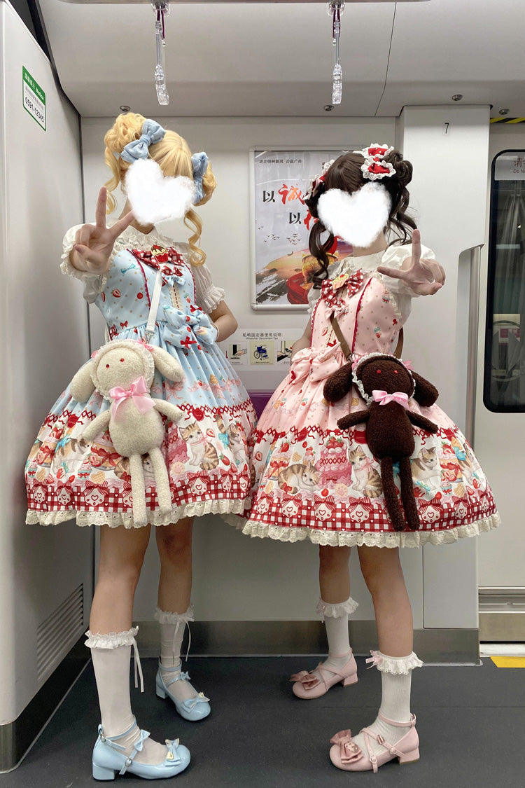 [Strawberry Cake Kitty] Sleeveless Printed Bow Lace Sweet Lolita Strap Dress 3 Colors - Product - 2