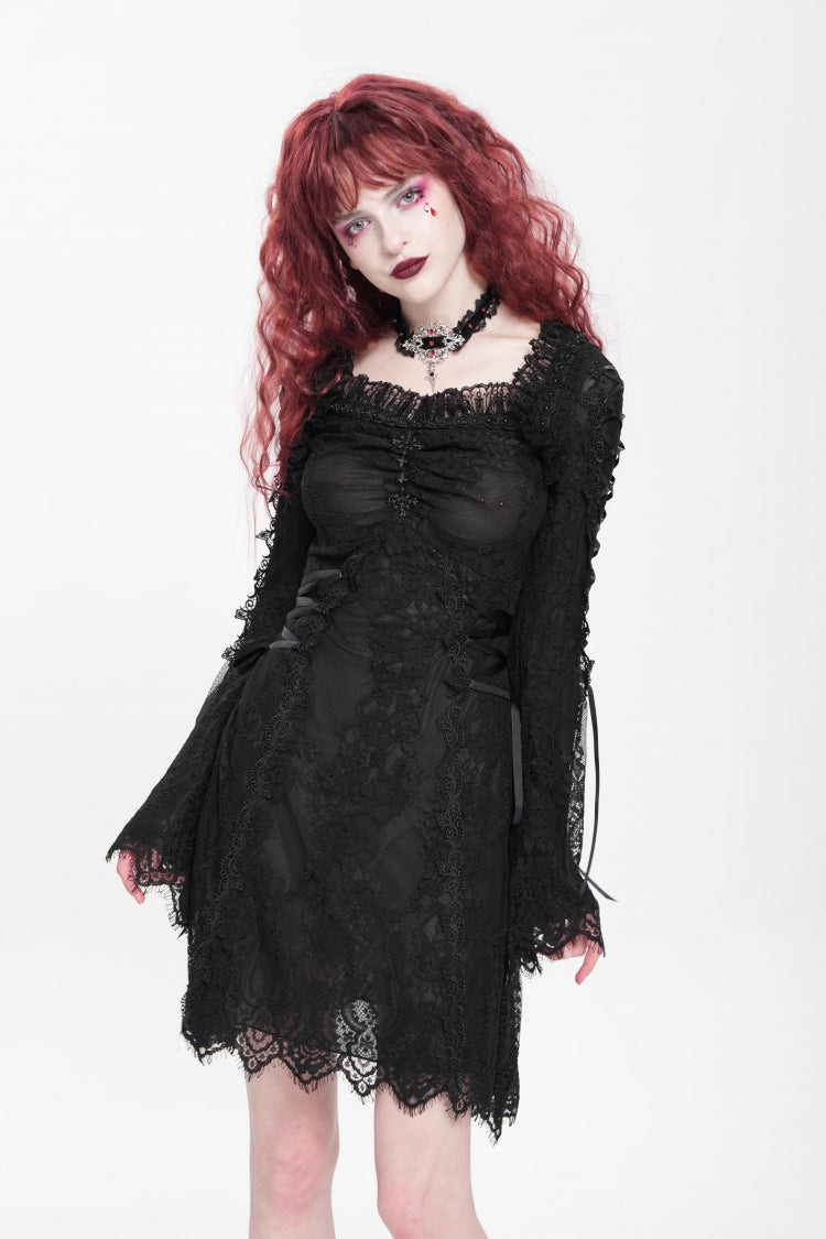 Black Square Collar Long Trumpet Sleeves Embroidered Lace-Up Women's Gothic Dress - Product - 4