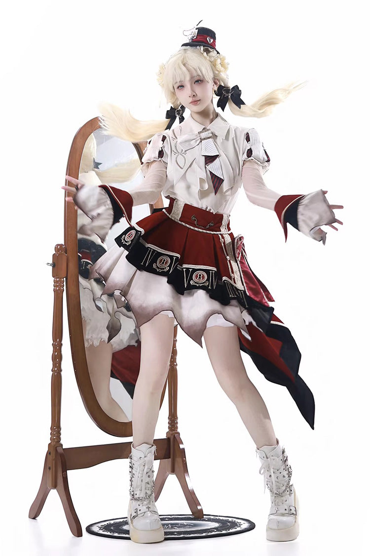 Red/White [Burning Finale] Lapel Collar Short Sleeves Ombre Embroidered Irregular Classic College Style Lolita Skirt Set - Product - 10