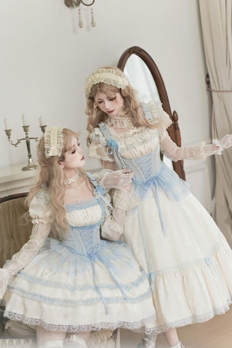 Ivory [Sea Salt Iced Tea] Square Collar Flying Sleeves Ruffle Fishbone Sweet Lolita Jsk Long Dress - Product - 5