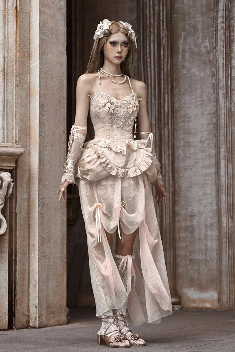 Apricot V Collar Sleeveless High Waisted Ruffle Embroidery Lace Fishbone Gothic Lolita Corset Skirt Set - Product - 2