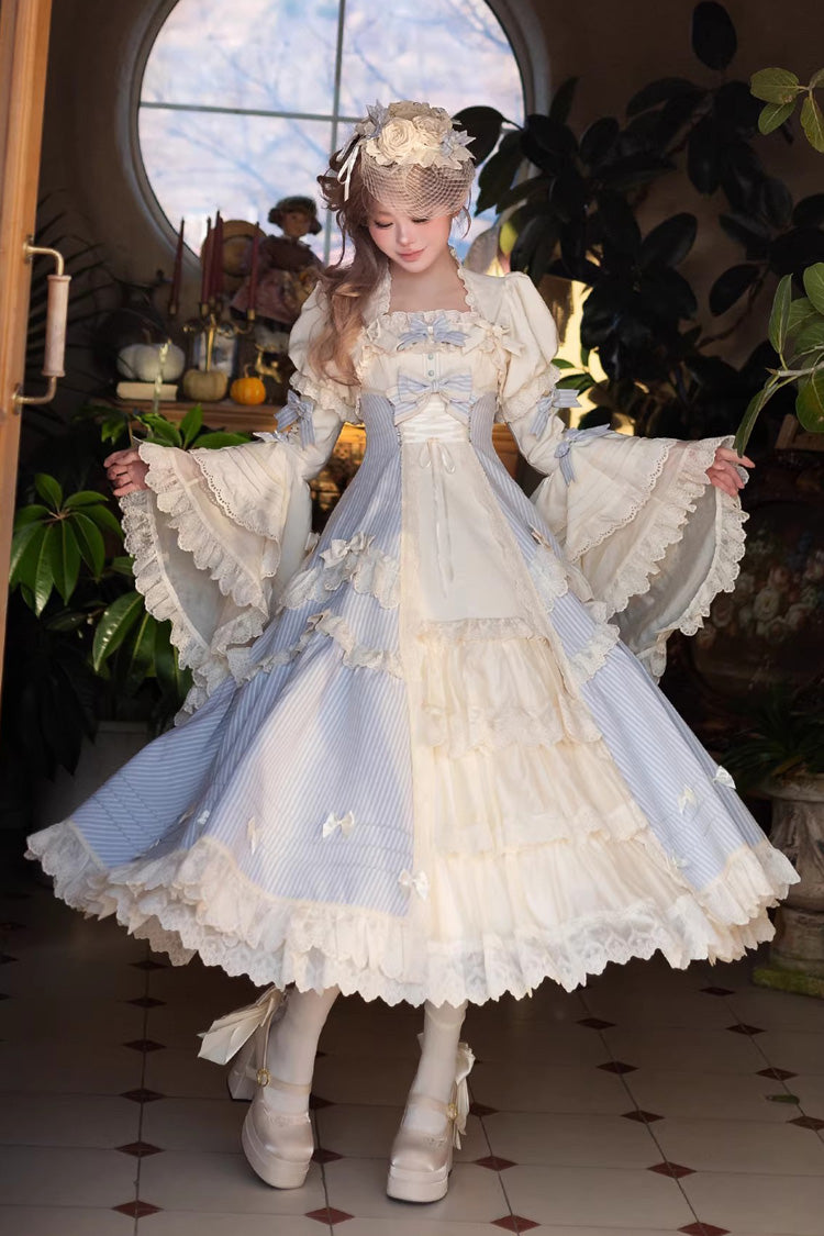 Blue [Letter Paper] Sleeveless Double-Layered Printed Ruffled Open-Front Bow Lace-Up Sweet Lolita Jsk Dress (Long Version) - Blue - 1