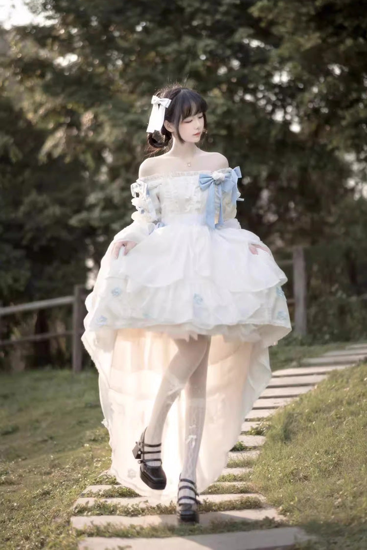 White Boat Neck Multi-layer Ruffle Hanayome Bowknot Sweet Princess Lolita Strapless Dress - Product - 2