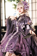 Purple Stand Collar Embroidered Pearl-Decorated Gothic Lolita Jsk Dress Set - Product - 4