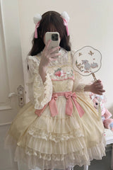 Moon Rabbit Ruffle Embroidery Cardigan Bowknot Sweet Lolita Jsk Dress - Apricot - 3