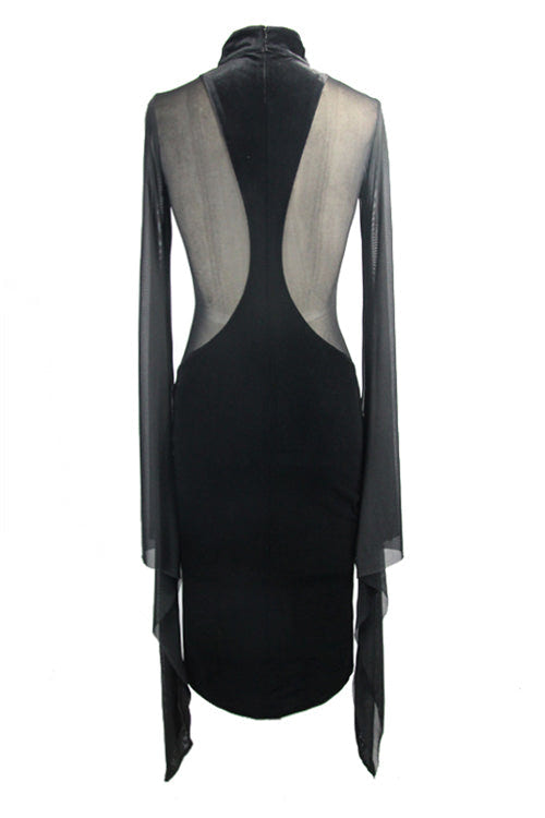 Black Gothic Cross Shape Stand Collar Flared Sleeves Sexy Stretchy Velvet Womens Dress - Product - 7