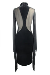 Black Gothic Cross Shape Stand Collar Flared Sleeves Sexy Stretchy Velvet Womens Dress - Product - 7