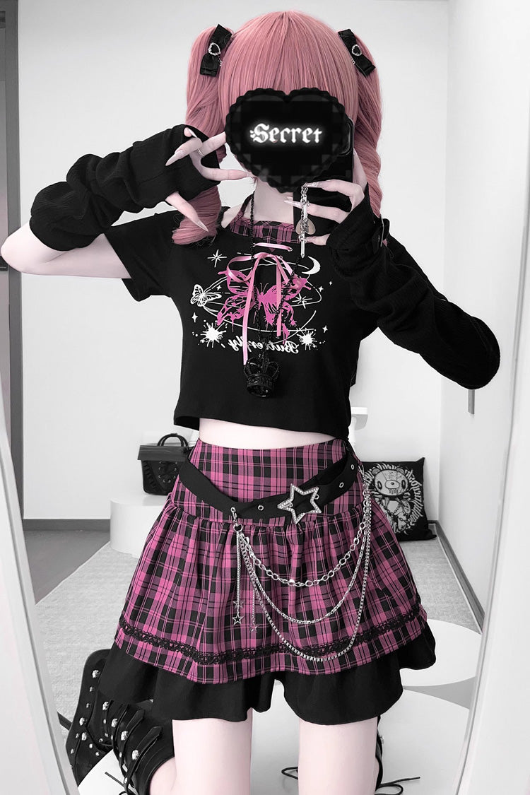 Black/Pink [Butterfly Chapter] Short Sleeves Print Gothic Jirai Kei Skirt Set - Product - 2