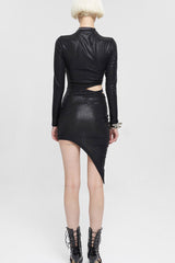 Black Knitted Fine Grain Shine Waist Cutout Rivet Decoration Asymmetric Long Sleeve Women's Gothic Dress - Product - 7