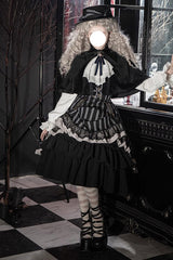 Black Point Manor Multi-layer Striped Print Ruffle Gothic Lolita Skirt - Black - 1
