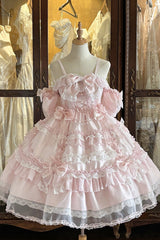 Pink [Spring Cherry Snowfall] Off Shoulder Short Sleeves Multi-Layered Ruffled Bow Sweet Lolita Jsk Dress - Pink - 1