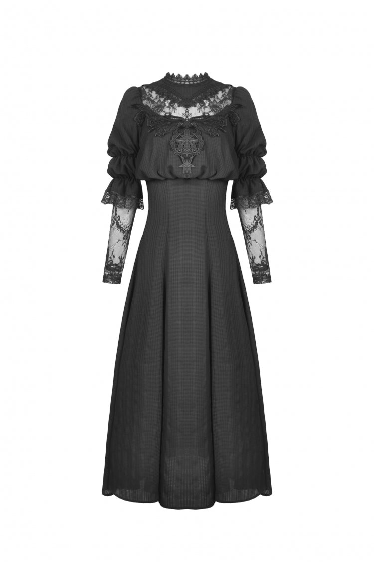 Black Stand Collar Cut-Out Half Sleeves Lace Spliced Women's Gothic Maxi Dress - Product - 3