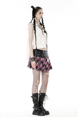 Black/Pink Women's Punk Grunge Zippered Faux Leather Spliced Plaid Pleated Mini Skirt - Product - 11