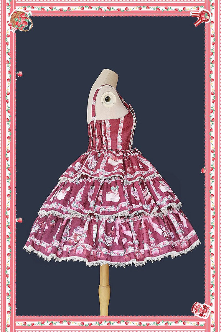 Strawberry Afternoon Tea Cake Ice Cream Print Bowknot Sleeveless Sweet Lolita Tiered Dress 3 Colors - Product - 8